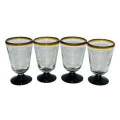 Retro 4 Tumblers Gorgeous Ebony Black Pedestal Gold Rim Ornate Etched 3″Diax6″ H