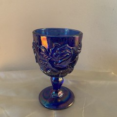 Vintage Madonna Inn Wild Rose Cobalt Blue Iridescent Carnival Glass Wine Goblet