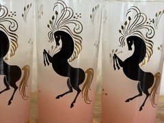 Set of four vintage Libbey frosted pink highball glasses horses 22K Gold Accents