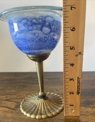 Cobalt Blue Hand Blown Goblet Chalice Brass Stem DECORATIVE ONLY