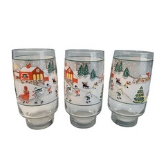 Sango Set of 3 Silent Night Christmas Glass Tumblers Joan Luntz 6” 16 oz Vintage