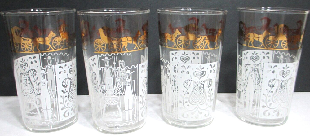Vintage Anchor Hocking Glass Tumblers SET OF 4 Horse & Buggy Gold White 4 3/4″ T
