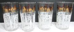 Vintage Anchor Hocking Glass Tumblers SET OF 4 Horse & Buggy Gold White 4 3/4″ T