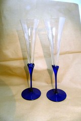 2 COLONY Glasses Flutes Wine Champagne Amaryllis Stem Cobalt Blue 11.2″ tall set