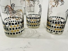 Set Of 4 MCM Clear Glass Tumbler Glasses With Black And Gold Horses Mid Century