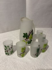 Vintage FROSTED GLASS PITCHER and 6 JUICE GLASSES Green Floral Design