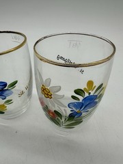 Delicate Little Swiss Juice Glasses «St. Wolfgang» Floral with Gold Trim on Rim