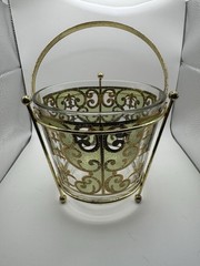 Vintage MCM Starlyte Glass Ice Bucket Green Gold Scroll Pattern With Carrier