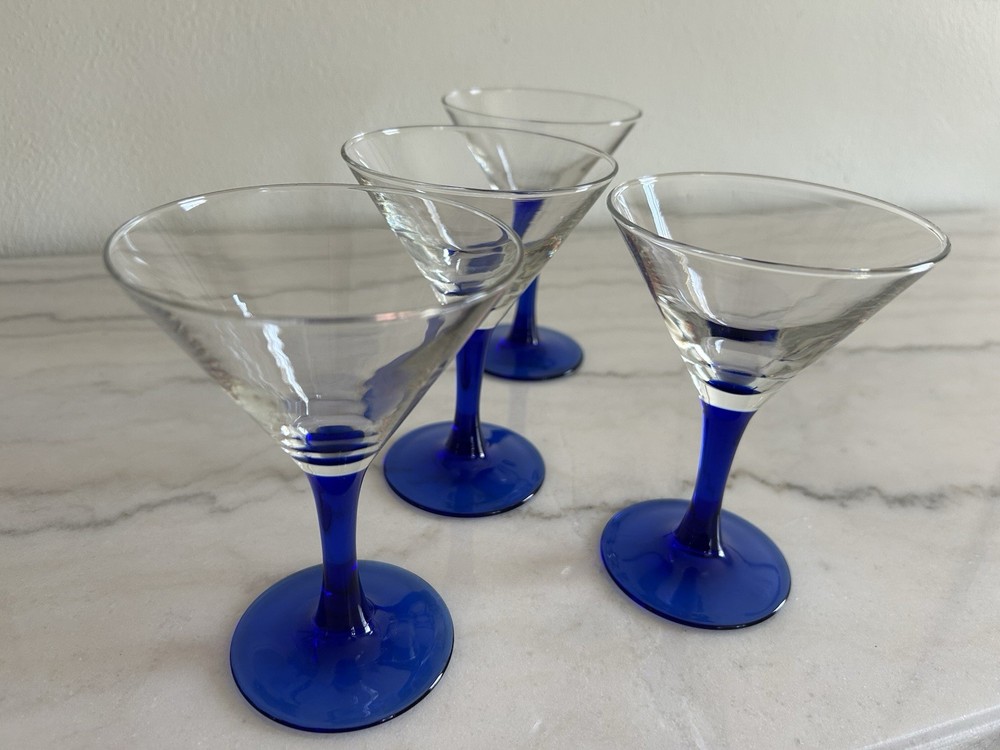 Set Of 4 Luminarc France Colbalt Blue Stem Martini Cocktail Glasses 6 oz. 5.5″