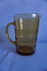 Hazel Atlas Waterfall gold Saturn optic pitcher + 5 highball glass tumblers