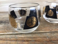 5 Vintage Mid Century Barware Roly Poly Black & 22K Gold Coin Shot Glasses MCM
