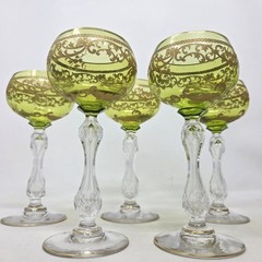VINTAGE St Louis Crystal Wine Hock Peridot Green Gold Trim Clear Stems Set of 7