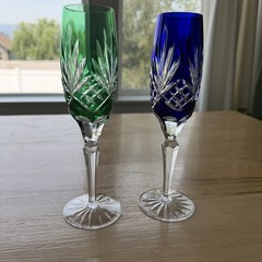 Pair Ajka Cut to Clear Crystal Champagne Flutes Cobalt Blue Emerald Green