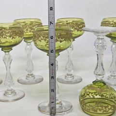 VINTAGE St Louis Crystal Wine Hock Peridot Green Gold Trim Clear Stems Set of 7
