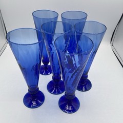 VTG 6 Champagne / Beer Set Cobalt Blue Swirl Tall Flutes Short Stem Bar Glasses