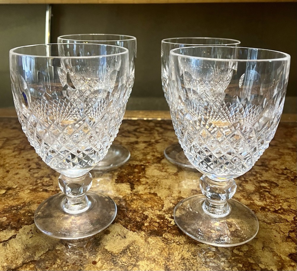 Galway O’MALLEY Clear Cut Crystal 5″ RED WINE GLASSES Cross Hatch Dots SET OF 4