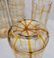 Set Of 4 Vintage Hand Blown Butterscotch Orange Drizzle Clear Glass Tumblers