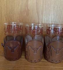 Libbey Bamco Western Highball Glasses 5″ Tooled Leather Sleeves Bull Horse