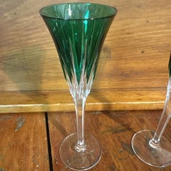 AJKA 6 5/8” Green Cut To Clear Champagne Flutes Vintage Set Of 3 Plus 1 Damaged