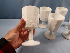 Set of 7 Westmoreland Milk Glass Paneled Grape Water Goblets