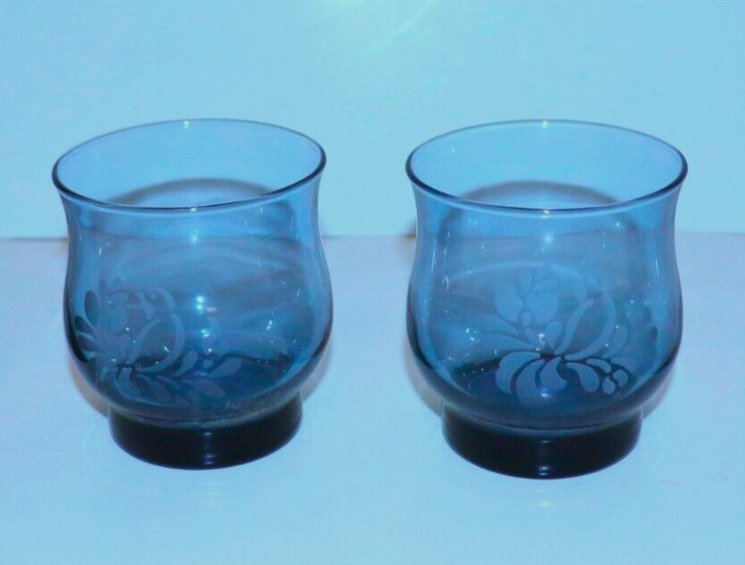 Pfaltzgraff Folk Art Blue Etched with Bird 2- 8 Oz.Juice or Rocks Glasses- Rare