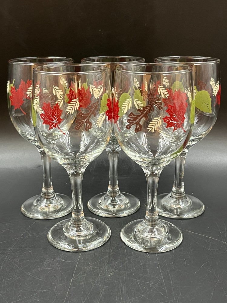 Vtg Libbey Autumn Fall Leaves Water Wine Goblet Glasses 16oz Set 5 Thanksgiving