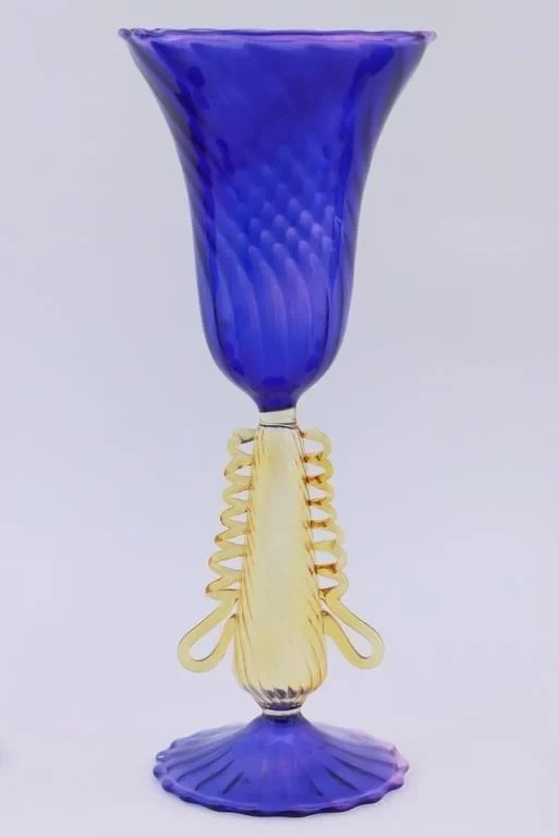 SALVIATI Murano Hand Blown Venetian Glass Cobalt Paint & Amber Goblet/Wine 9″