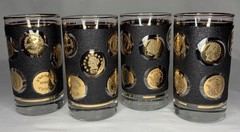 Lot Of 4 Vintage Libbey Gold Coins Tumblers Black & Gold MCM Highball Glasses 5”