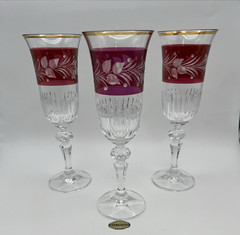 3 Czech Ruby Flash Cut to Clear Crystal Wine Flutes Goblets 8″