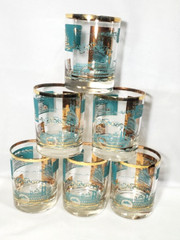 Steamboat Southern Comfort Double Old Fashion 22 Karat Gold an Aqua Set of 6