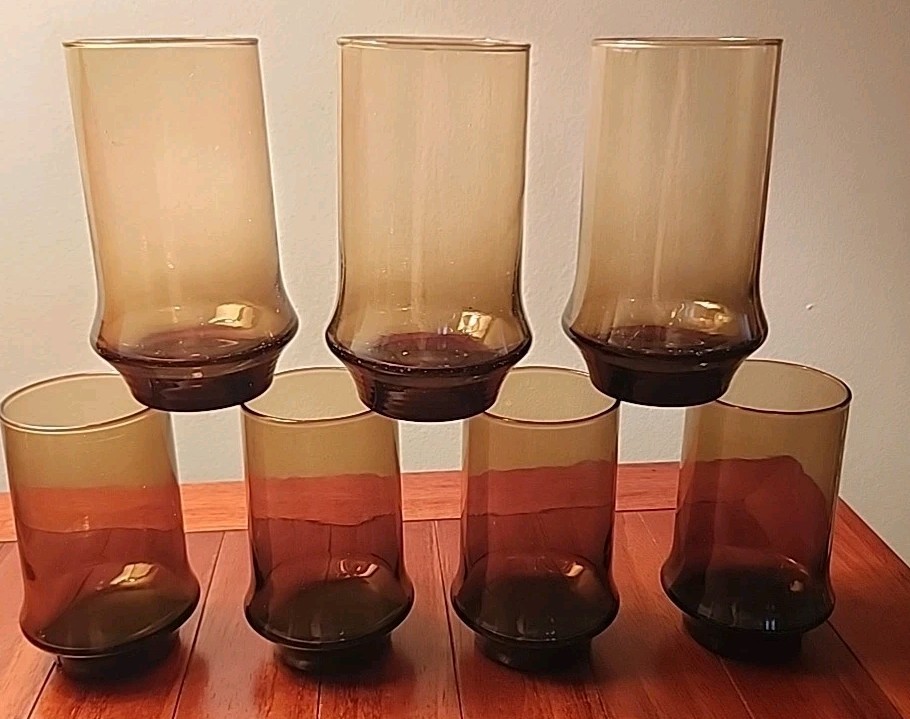 Libbey Tawny Accent Tumblers Set Vintage Smoke Brown Retro Glassware Lot Of 7