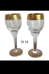 VINTAGE HAND DECORATED SET OF 2 INTERGLASS ITALY CRYSTAL WINE GLASSES GOLD RIM