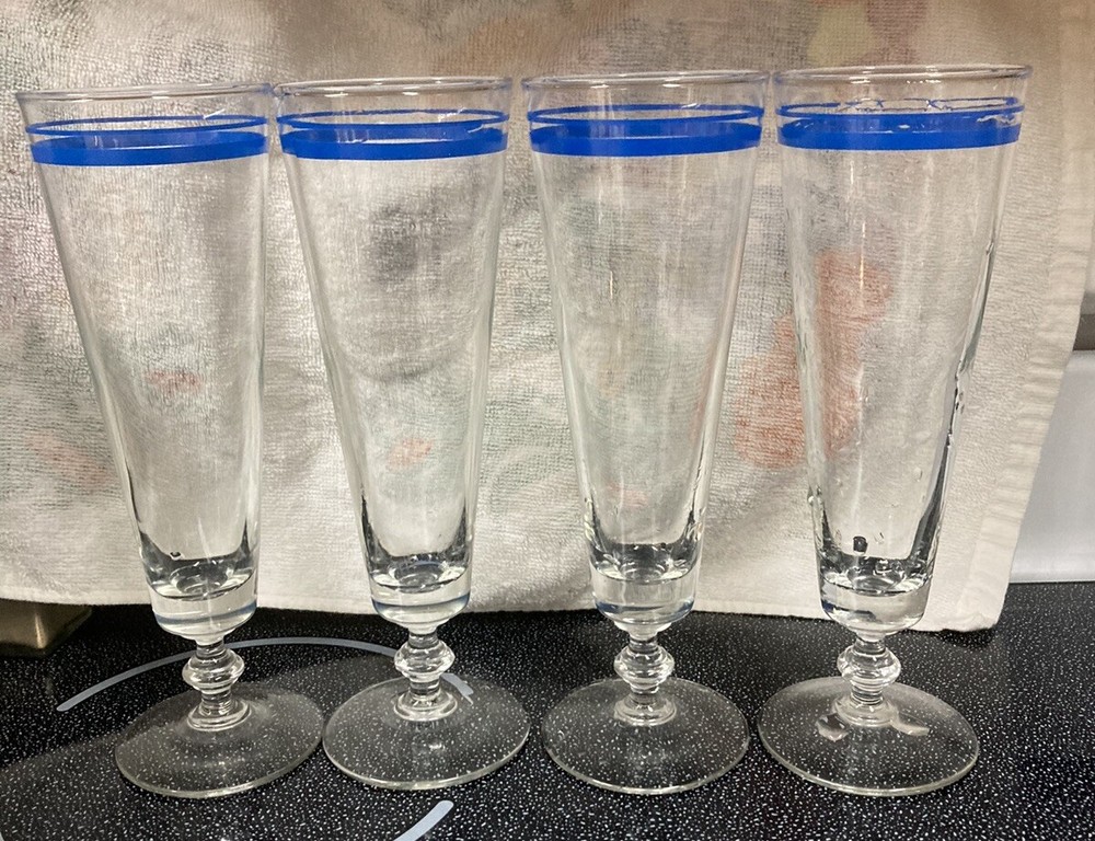 Retro Style Glasses 2 Blue Bands & Footed Base 8″ Tall Pilsner Barware Set of 4