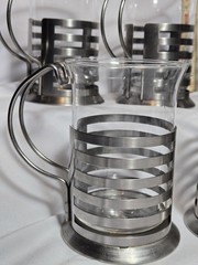 Seven 7 Stainless & Glass Teacups Mugs Unmarked Leonardo Balance Look