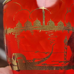 Lot of 5 Red Glass Cordial Tumbler Ruby Red Venetian Landscape Scenes Barware