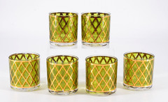 VTG Culver ROYALE Sm. Rocks Glasses Set of 6 Green & Gold Diamond 2.75″ 5 oz.