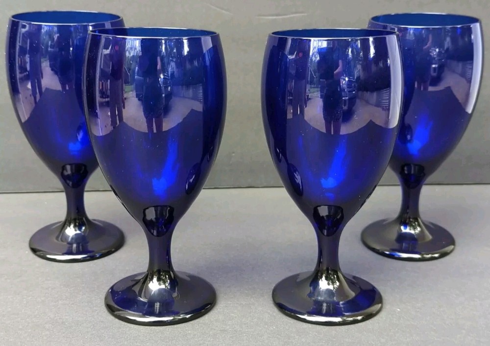 4Vintage Libbey Cobalt Blue Glass 7 1/8” Stem Glasses Goblet Wine Iced Tea