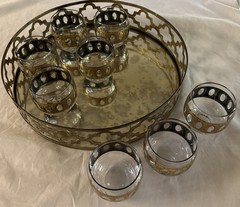 Culver Piza Roly Poly Glasses Set 8 Gold MCM Barware w Antiqued Mirrored Tray