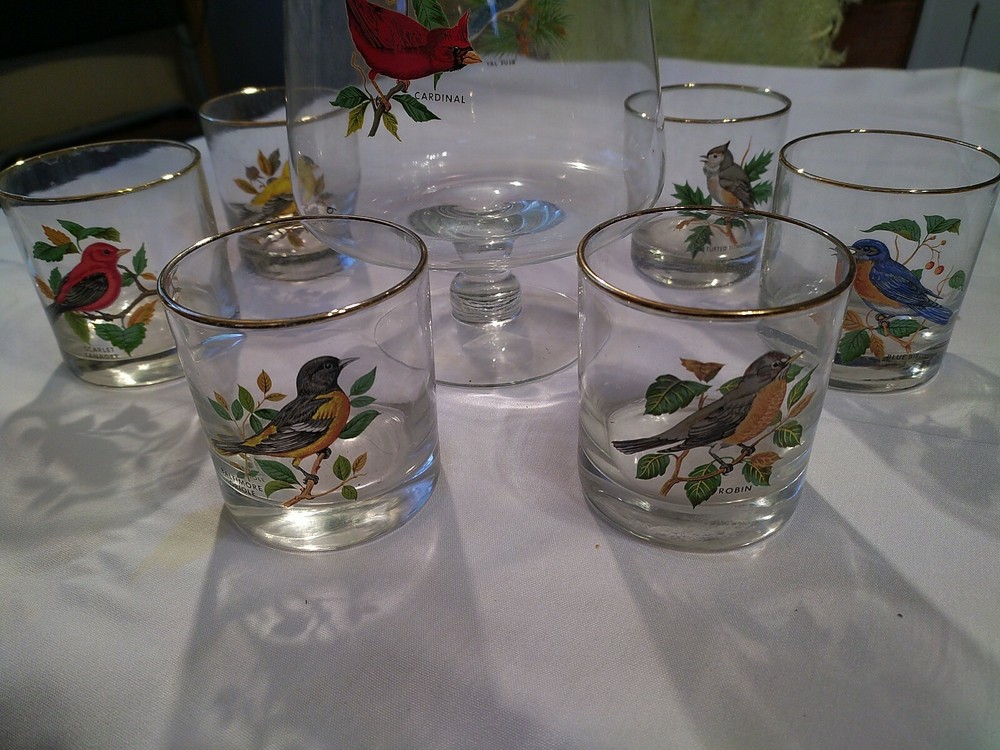 VINTAGE WEST VIRGINIA GLASS CO. BIRDS BEVERAGE PITCHER 6 GLASSES 7 PCS SET