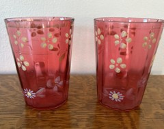 Lot 2 Cranberry Art Glass Hand Painted Blown 4″ Tumblers Enamel Flowers Vintage