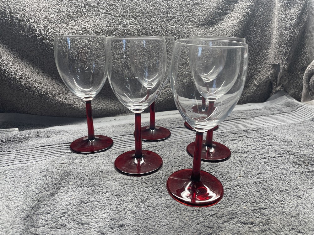 6 Vintage Cristal d’ Arques Ruby Red Wine Glass Red Stem Glasses Excellent