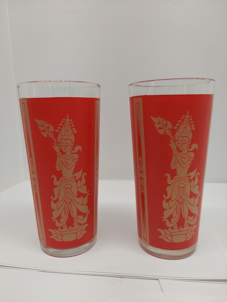 2 1960 Mid Century Culver Red Gold Siam Thai Goddess Drinking Glasses Tumblers