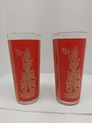 2 1960 Mid Century Culver Red Gold Siam Thai Goddess Drinking Glasses Tumblers