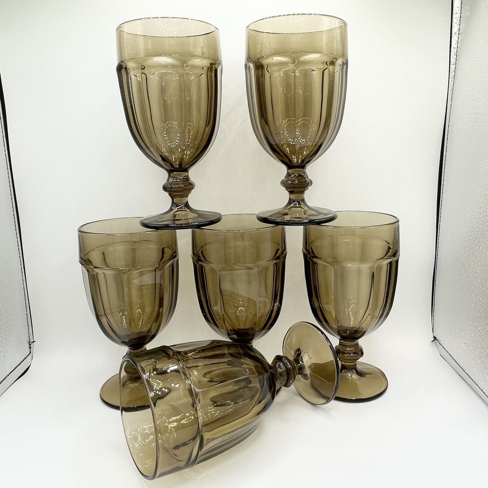 Vintage Libbey Duratuff Goblets Set Of 6 Brown Glass Pedestal 12 oz.