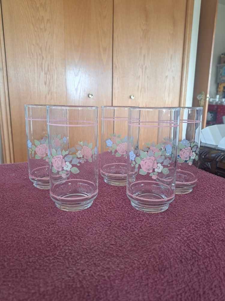 Pfaltzgraff Tea Rose Floral Libbey Tumbler Drinking Glasses Pink Bands Set of 5