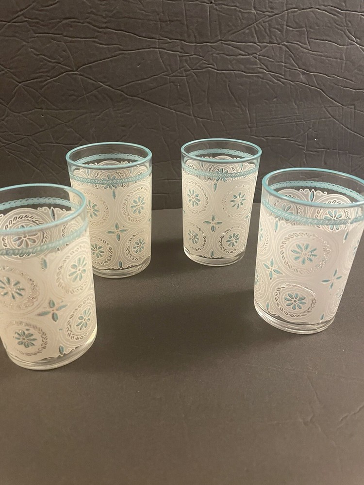 4 Mid Century Libbey Juice Glass White Floral Turquoise Lace Pattern 6 Oz