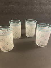 4 Mid Century Libbey Juice Glass White Floral Turquoise Lace Pattern 6 Oz
