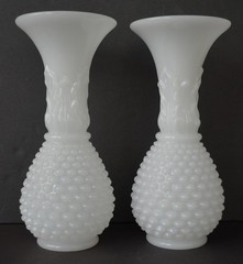 Boston Sandwich White Alabaster Opaline Hobnail Leaf Vases (2)