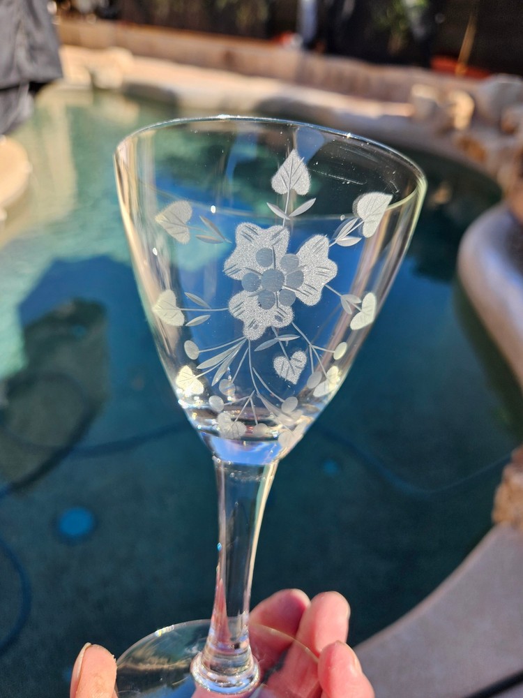 Toscany TOY26 Pattern 4 Wine Goblets Glasses Gray Cut Etched Floral 6″
