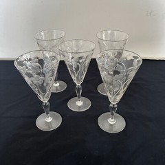 Vintage Antique Elegant Glass Floral Flower Wine Glasses etched Set Of 5